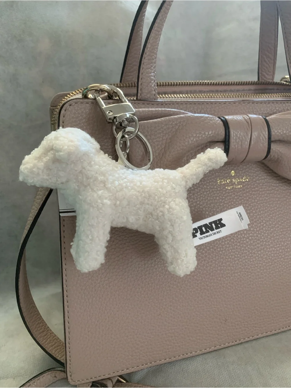 NWT Victoria's Secret PINK Micro Dog Keychain Charm Winter White Plush Teddy